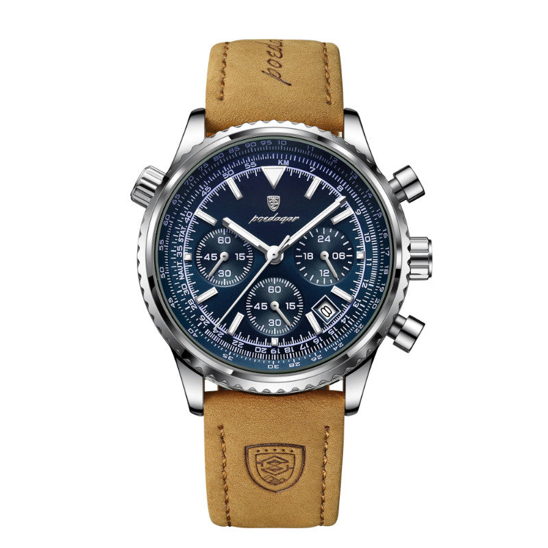 Quartz Wristwatch Waterproof Watch Mens Silver case blue dial leather