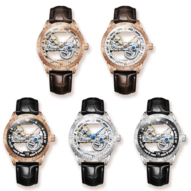 Openwork Mechanical Watch With Waterproof Leather Strap