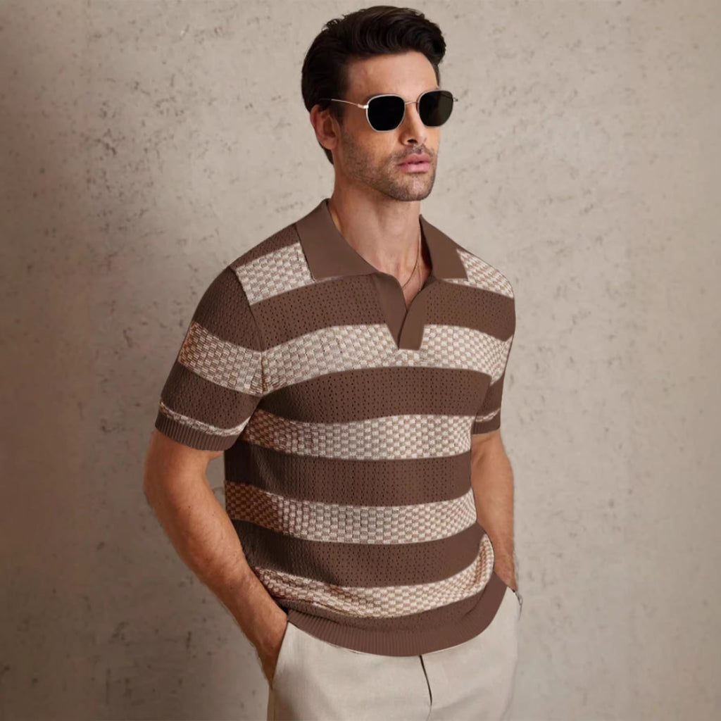 Striped Knitted Polo Shirt Coffee