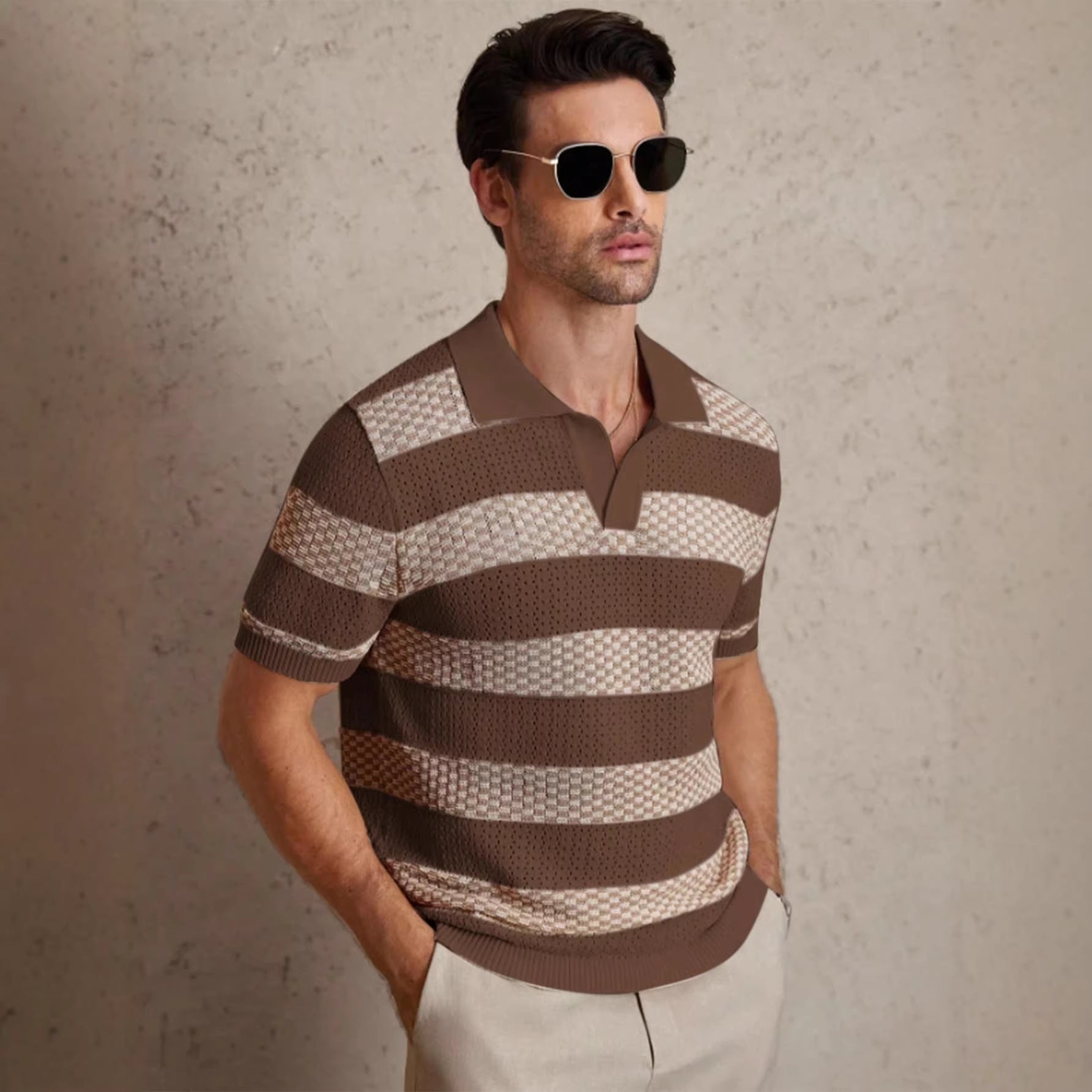 Striped Knitted Polo Shirt Coffee