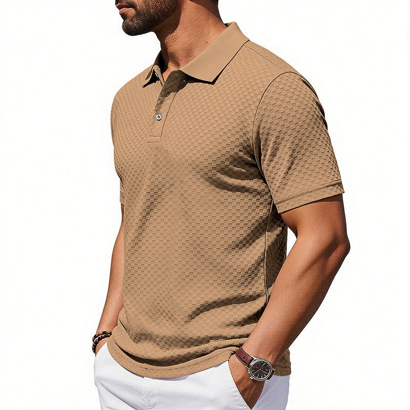 Mens Plaid Polo Shirt Breathable Khaki