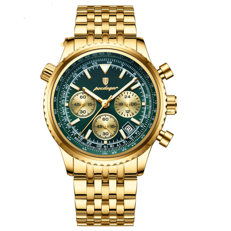 Quartz Wristwatch Waterproof Watch Mens Gold case green dial steel