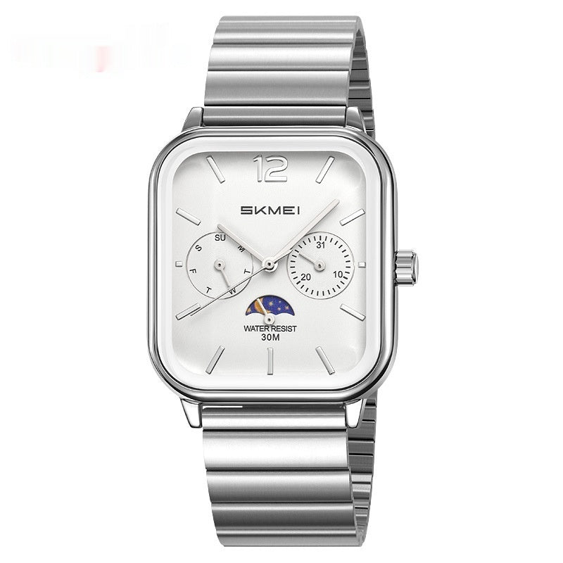 Stylish Multifunctional Square Watch Silver Case White Noodles