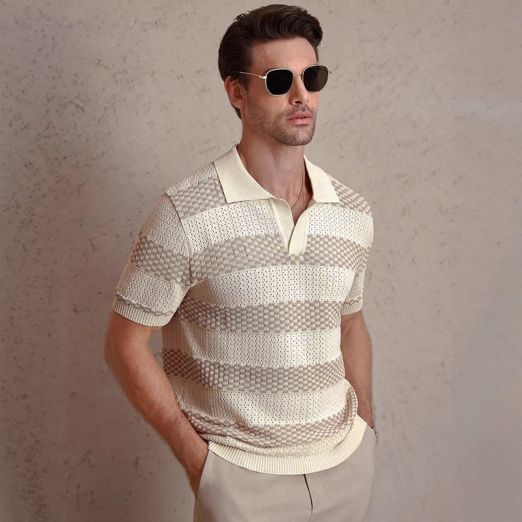 Striped Knitted Polo Shirt Apricot