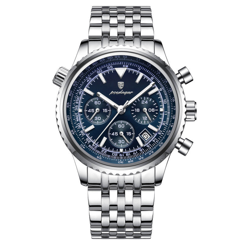 Quartz Wristwatch Waterproof Watch Mens Silver case blue dial steel
