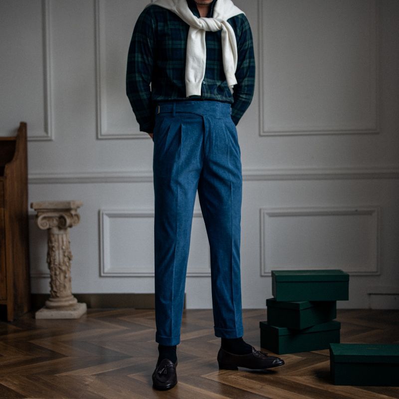Corduroy Straight High Waist Casual Pants Men Sapphire Blue