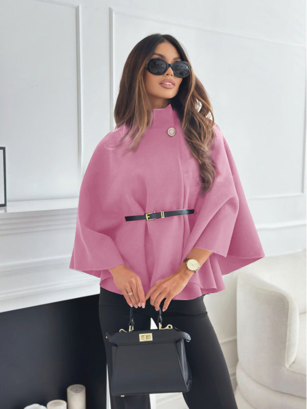 Stand Collar Batwing Sleeves Cloak Top With Belt Pink