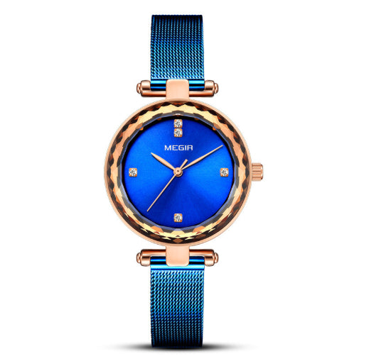 Stylish Cut-mirror Quartz Womens Watch With A Steel Band And Diamond Accents