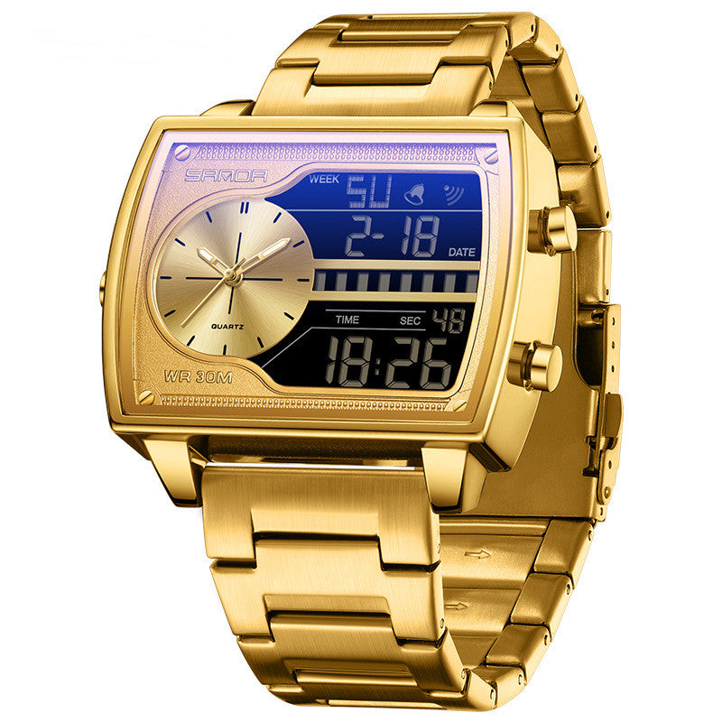 Multifunctional Electronic Business Watch Mens Steel Belt Gold Surface
