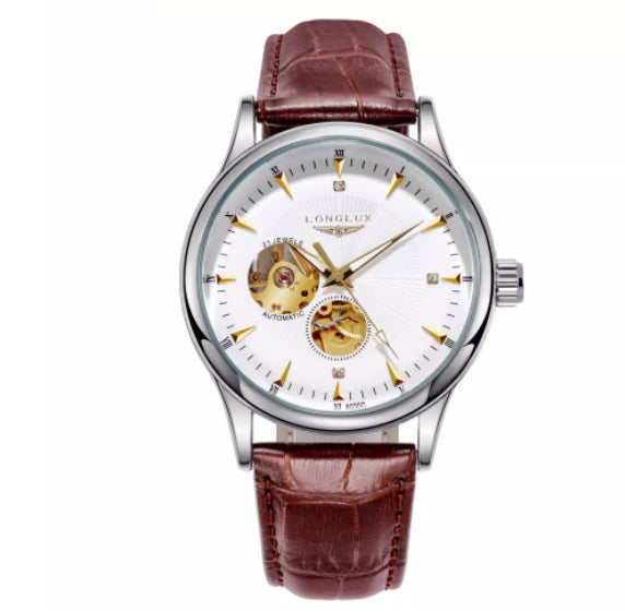 Genuine Leather Waterproof Watch With A Fully Automatic Mechanical Movement Silver case white dial