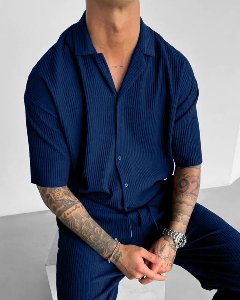Solid-Color Casual Cardigan Shirt Dark Blue