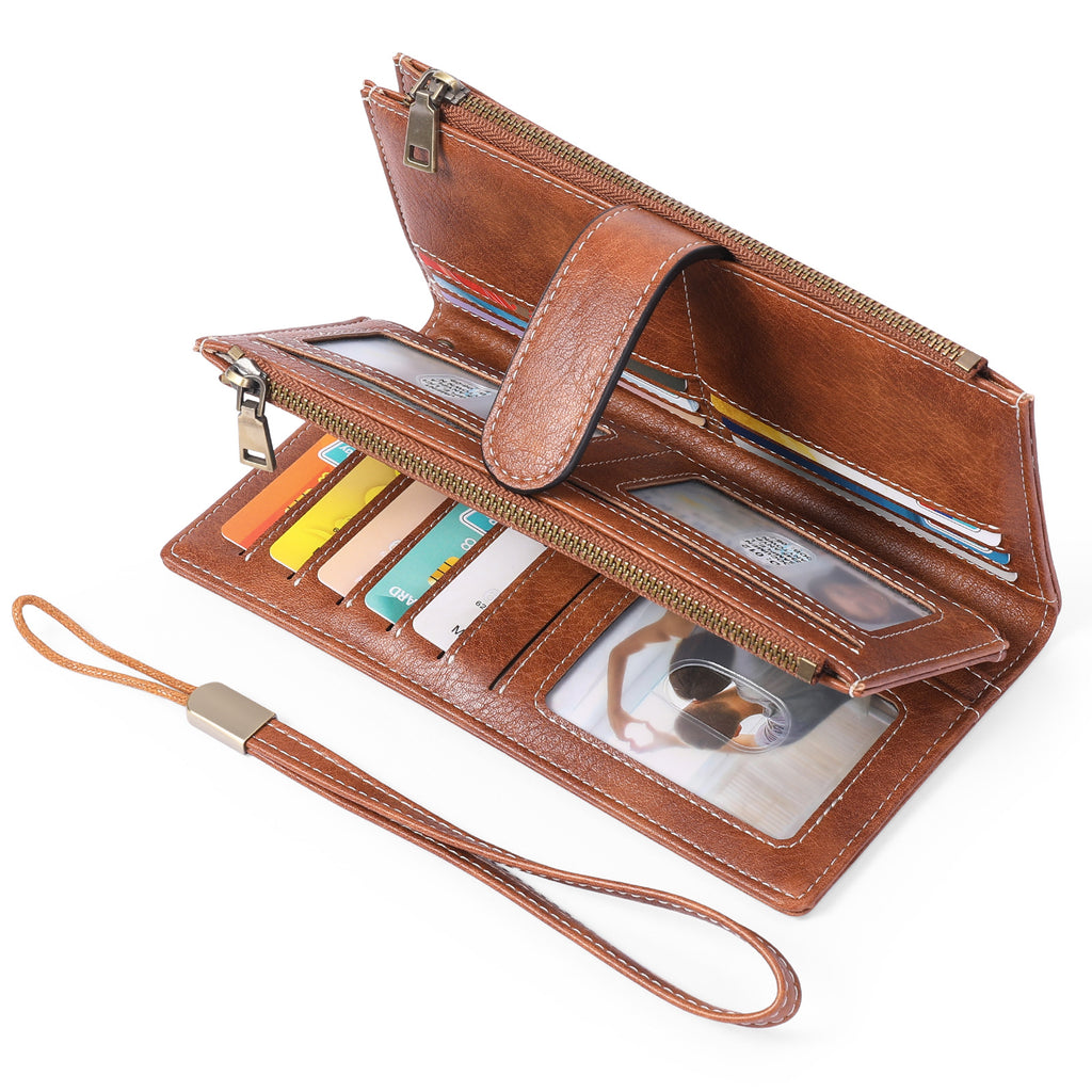 Womens Long Wallet Multi-functional Vintage Tri-fold Purse