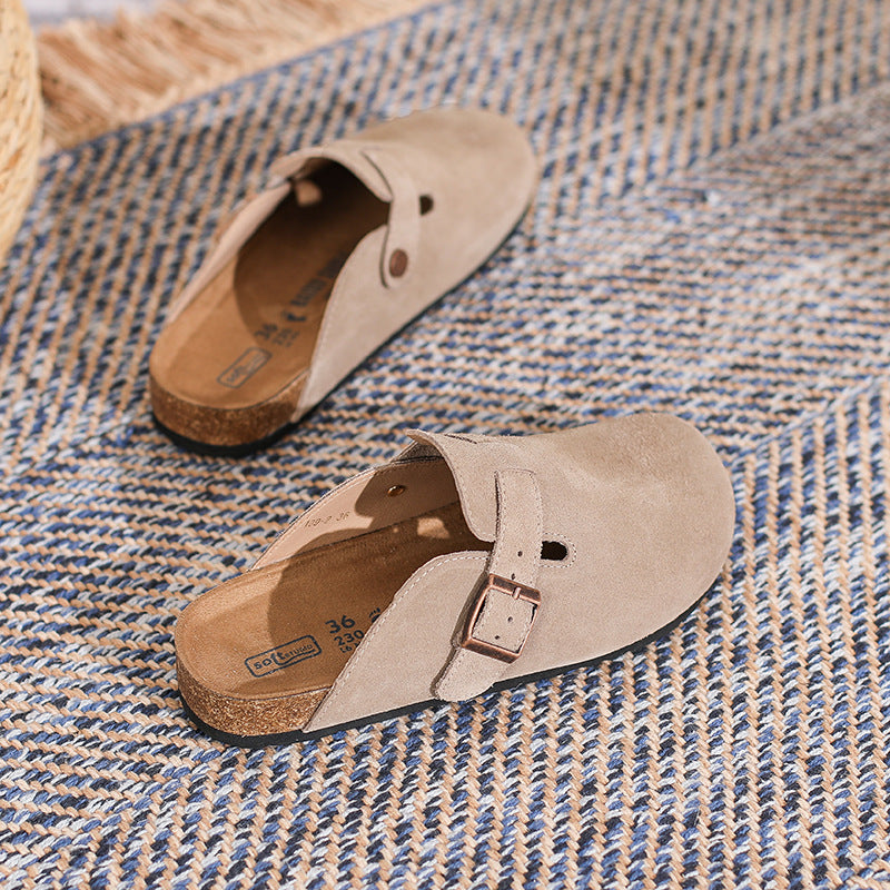 Leather French Retro Closed Toe Half Slippers Milk Camel