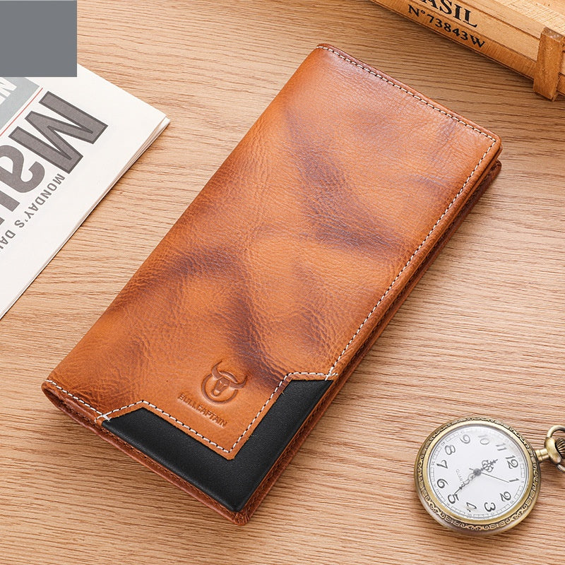 Captain Niu Oil-Waxed Leather Retro First-Layer Cowhide Bifold Large-Capacity Mens Wallet Flame Yellow
