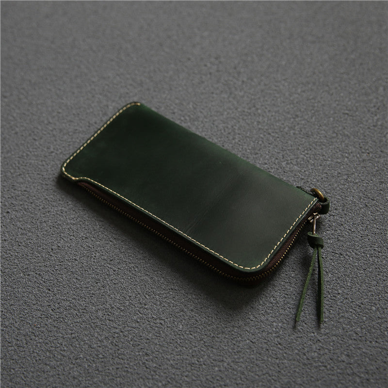 Leather Belt Zipper Wallet Green Crazy Horse Leather