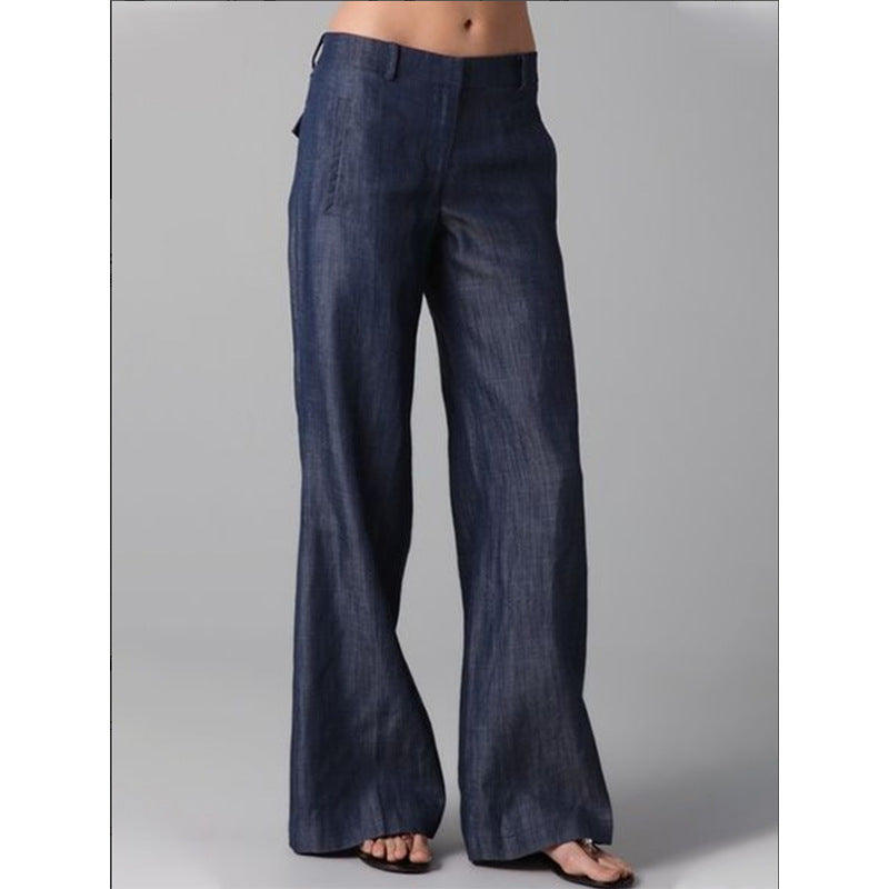 Striped Cotton-Linen Casual Pants Dark Blue