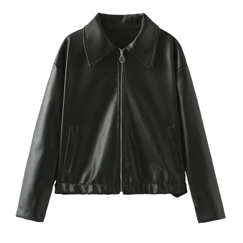 Zipper Jacket - Casual Long Sleeve Leather Coat Black