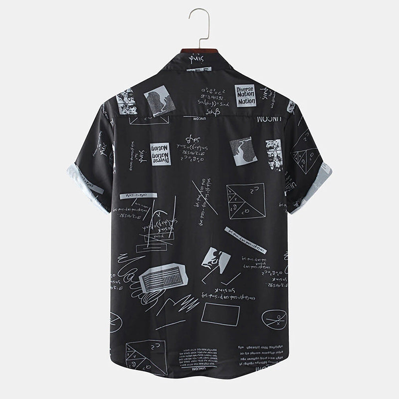 Abstract Cartoon Slogan Chest Pocket Short Black