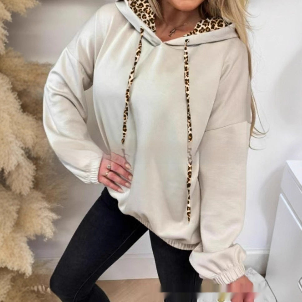 Leopard-print Patchwork Hooded Long-sleeve Sweatshirt Light Apricot