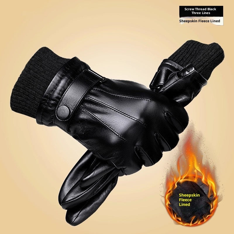Genuine Leather Gloves With Fleece Lining For Extra Warmth And Waterproof Protection Black Ribbed Edge