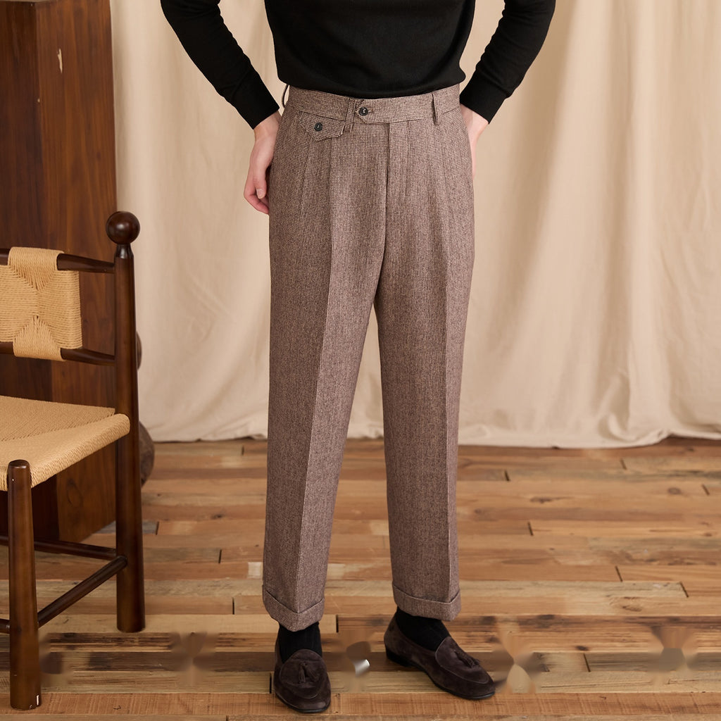 Houndstooth Wool Suit Pants For Men Brown