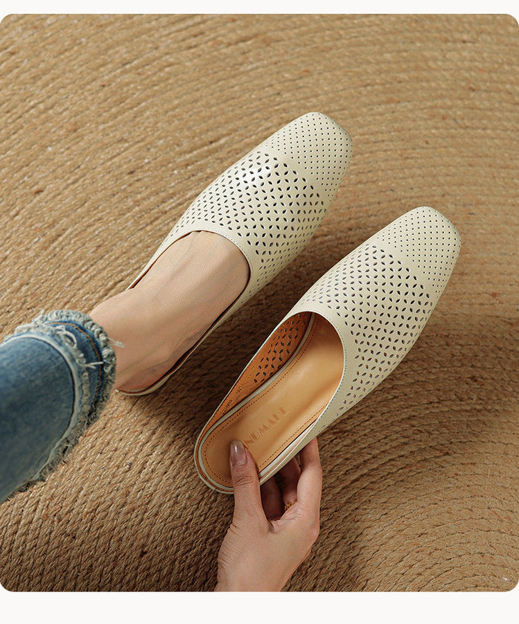 Full-Grain Leather Closed-Toe Half Slippers Beige