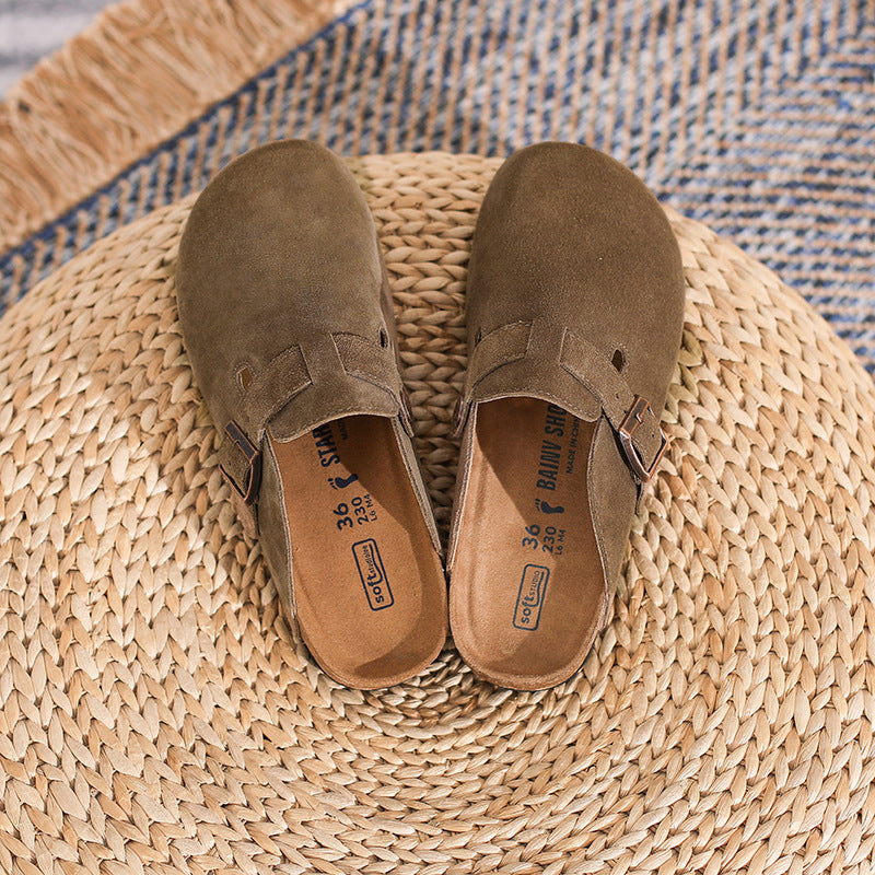 Leather French Retro Closed Toe Half Slippers Olive Green