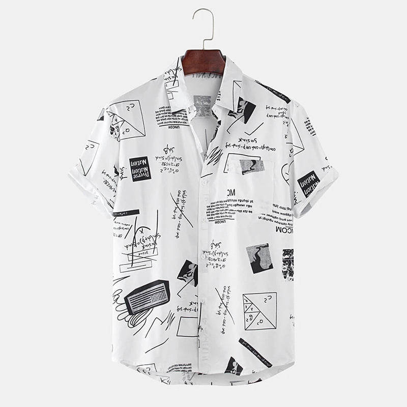 Abstract Cartoon Slogan Chest Pocket Short White