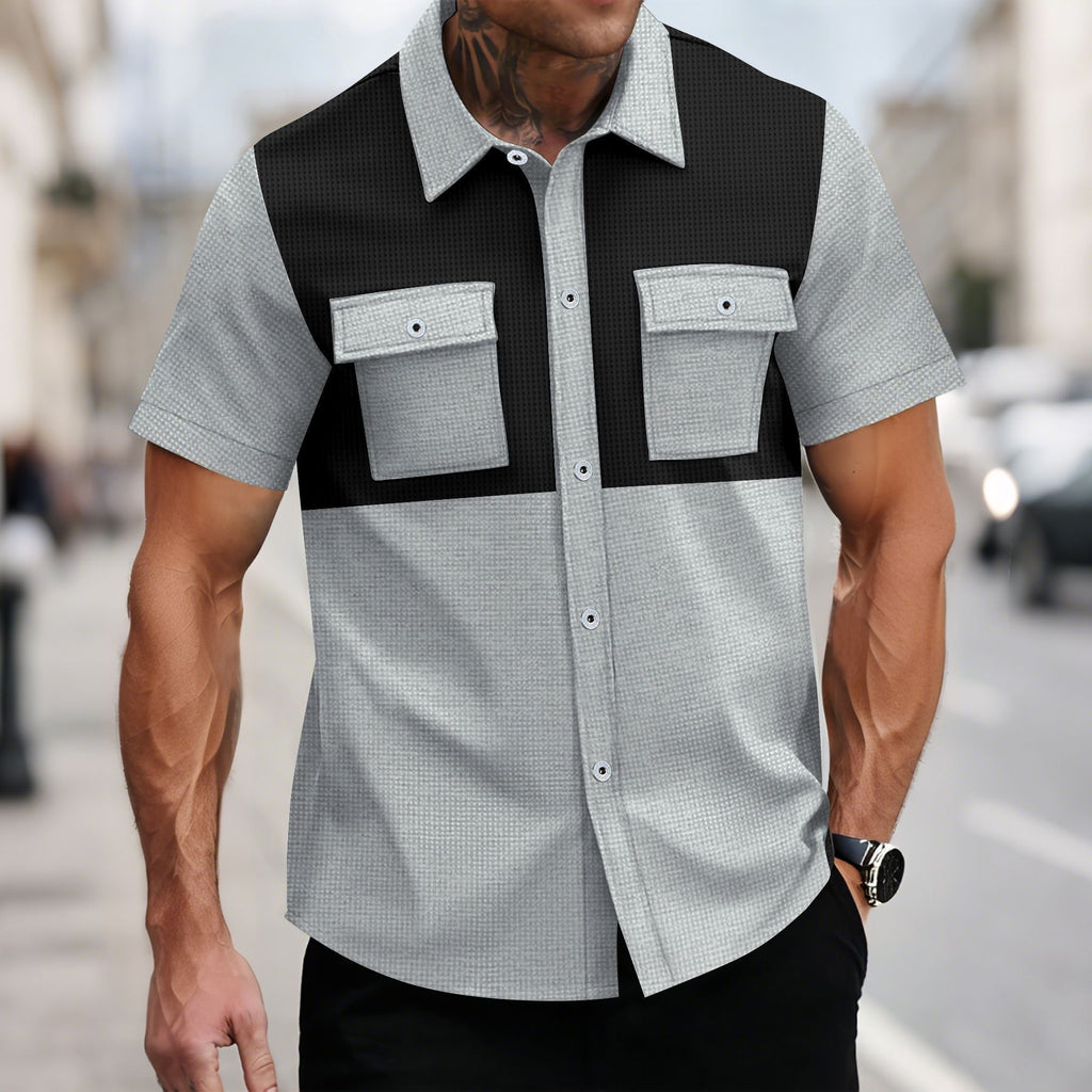 Waffle-Weave Lapel Casual Shirt Gray