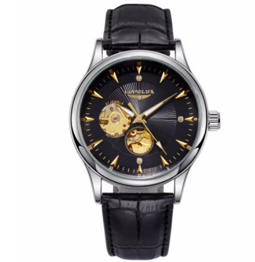 Genuine Leather Waterproof Watch With A Fully Automatic Mechanical Movement Silver case black dial