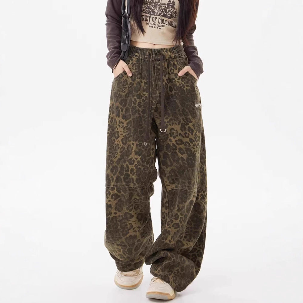 Leopard Print Elastic Waist Loose Wide Leg Pants