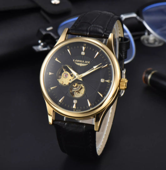 Genuine Leather Waterproof Watch With A Fully Automatic Mechanical Movement Gold case black dial