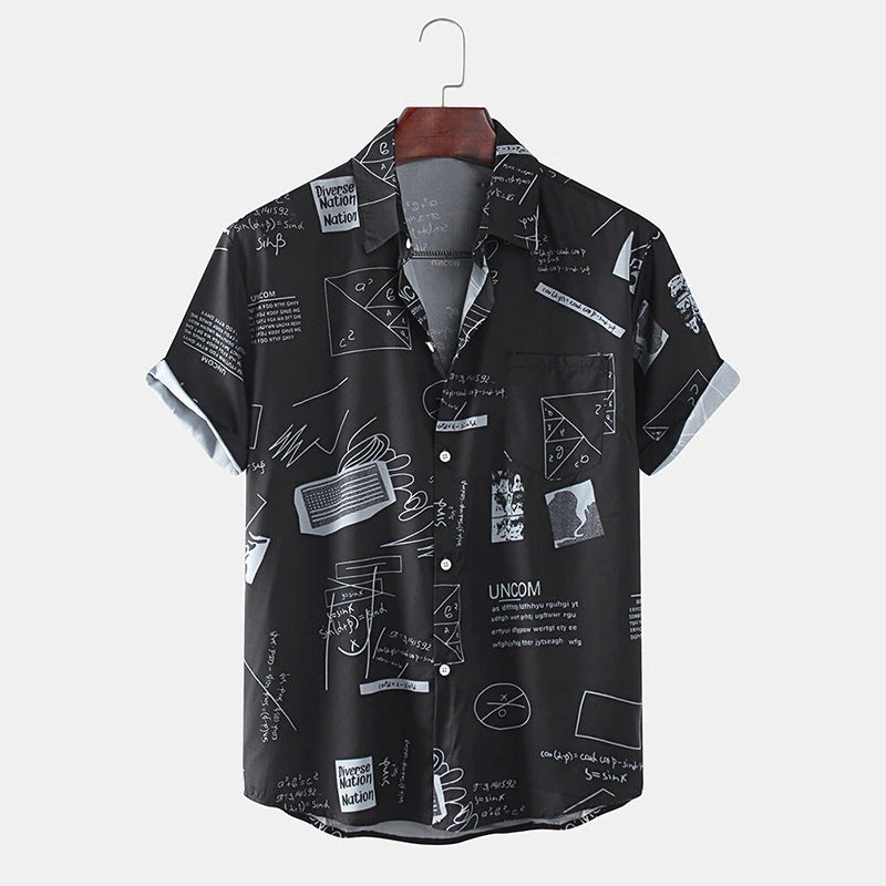 Abstract Cartoon Slogan Chest Pocket Short