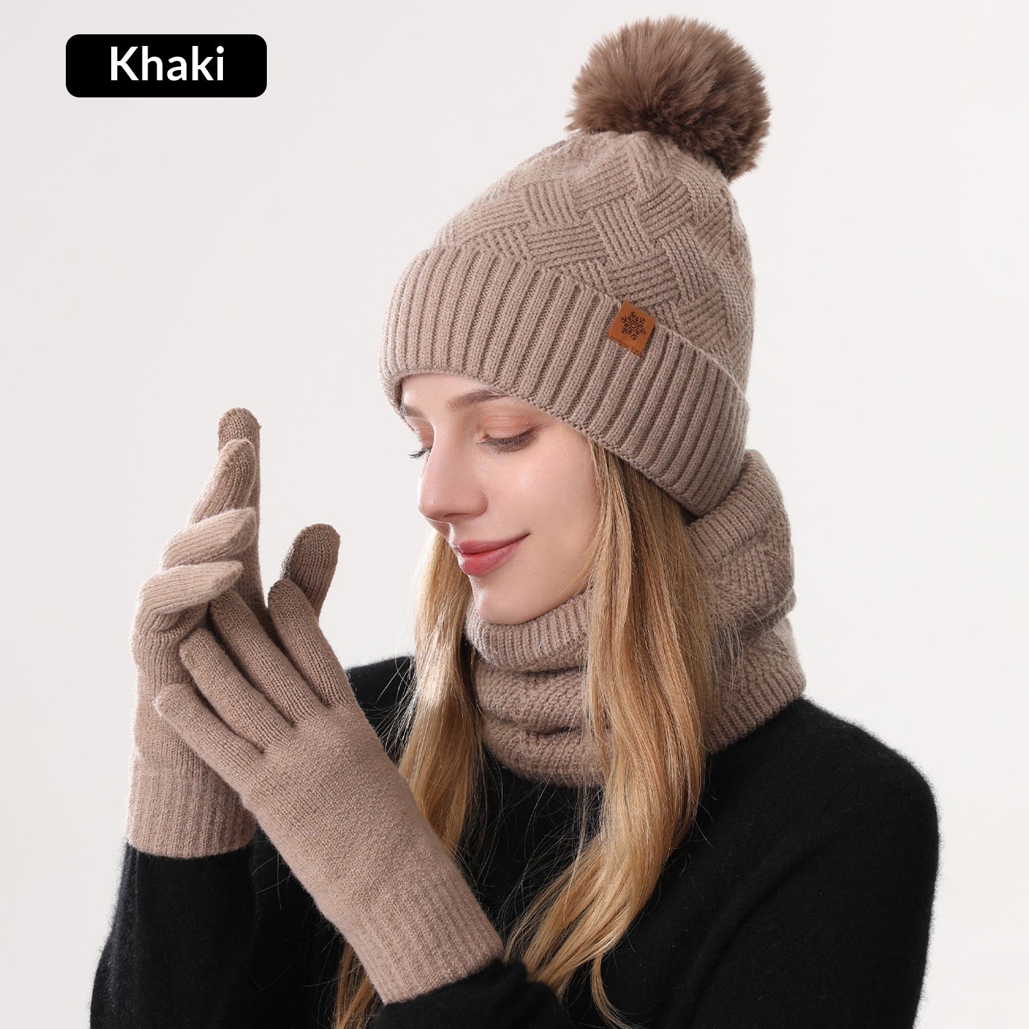 Ladies' Knitted Outdoor Warm Knitted Hat Scarf And Gloves Three-Piece Set Khaki