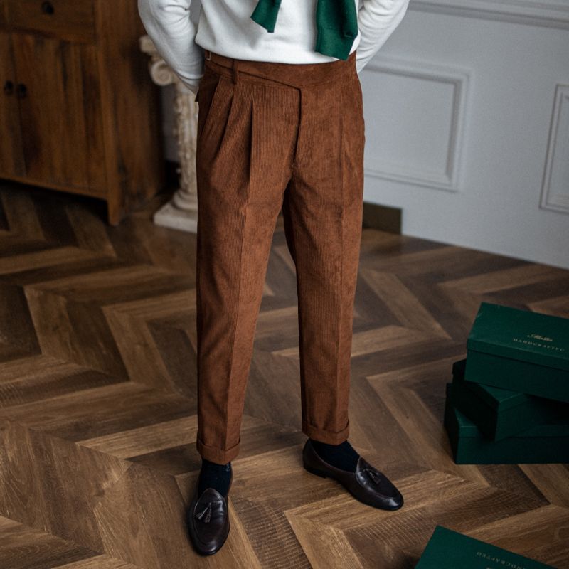Corduroy Straight High Waist Casual Pants Men Brown