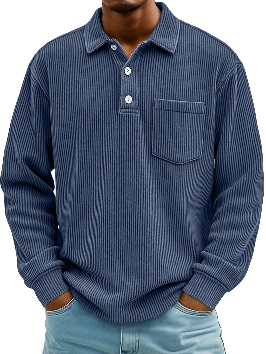 Polo Shirt Casual Corduroy-Striped Dark Blue