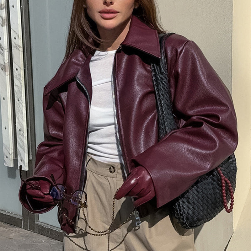 Zipper Jacket - Casual Long Sleeve Leather Coat