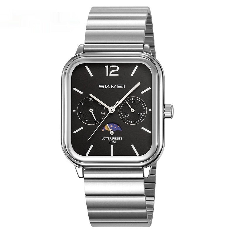 Stylish Multifunctional Square Watch Silver Case Black Noodles
