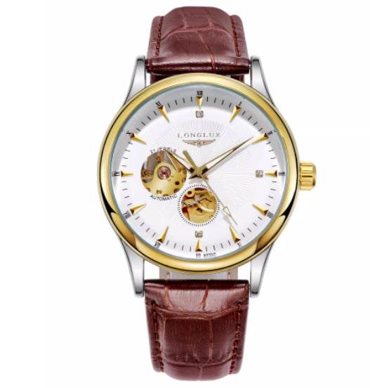 Genuine Leather Waterproof Watch With A Fully Automatic Mechanical Movement Gold plated case white dial