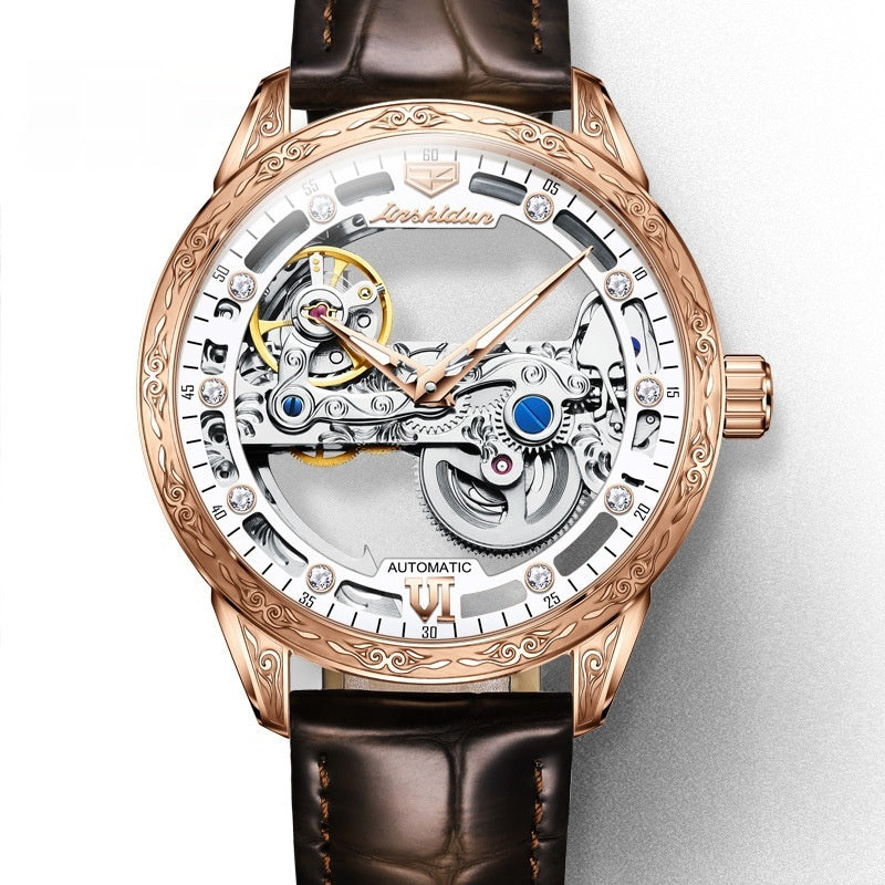Openwork Mechanical Watch With Waterproof Leather Strap