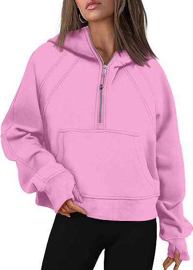 Zipper Hoodie Sweatshirt With Pocket Pink