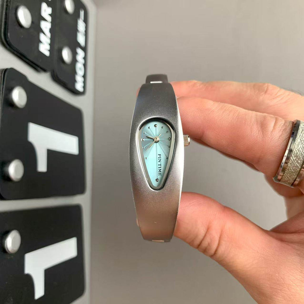 Retro Niche-design Irregular-Shaped Waterdrop Watch Silver Blue Matte