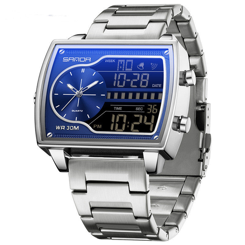 Multifunctional Electronic Business Watch Mens Steel Belt Silver Blue