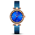 Stylish Cut-mirror Quartz Womens Watch With A Steel Band And Diamond Accents Blue Face