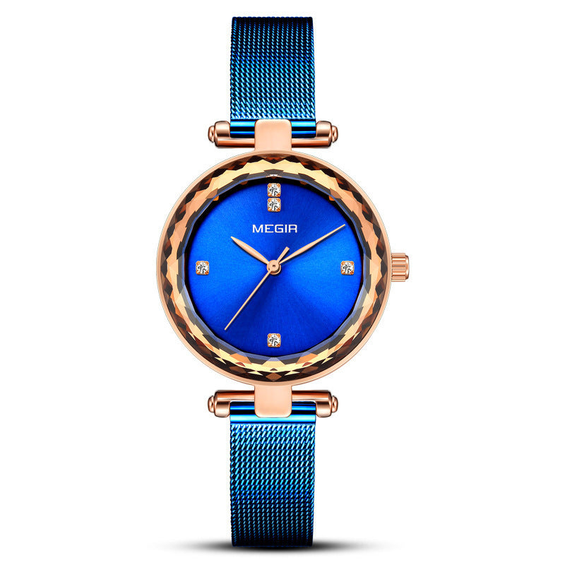 Stylish Cut-mirror Quartz Womens Watch With A Steel Band And Diamond Accents Blue Face