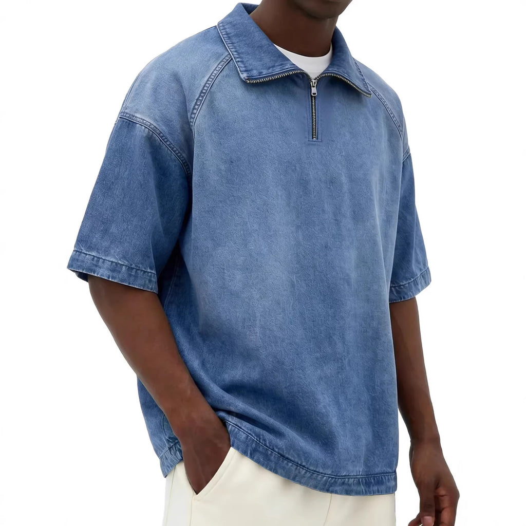 Short-sleeve Lapel Zip-up Shirt