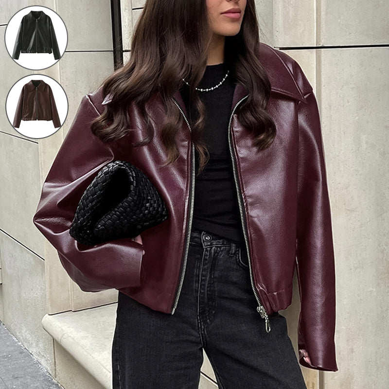 Zipper Jacket - Casual Long Sleeve Leather Coat