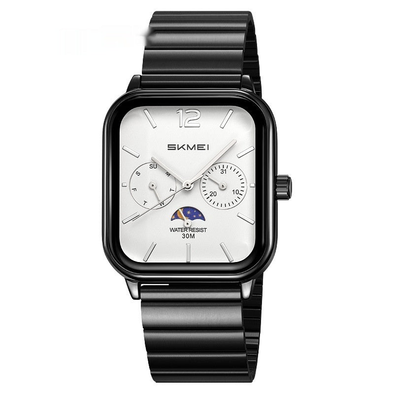 Stylish Multifunctional Square Watch Black Shell And White Surface