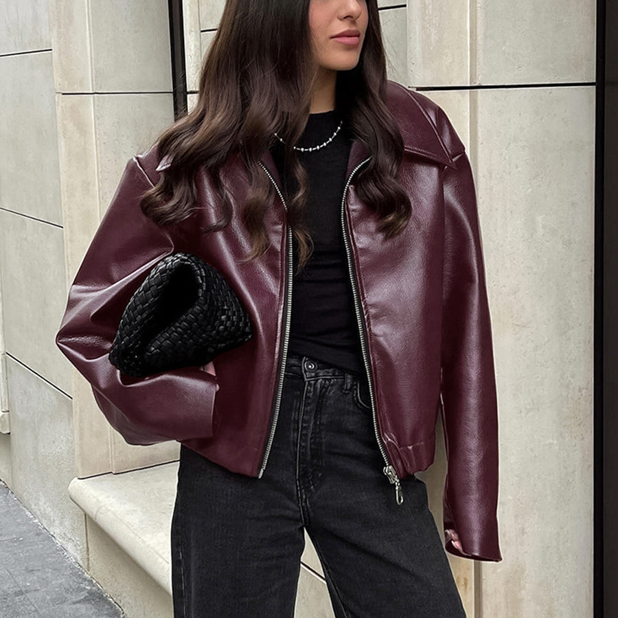 Zipper Jacket - Casual Long Sleeve Leather Coat
