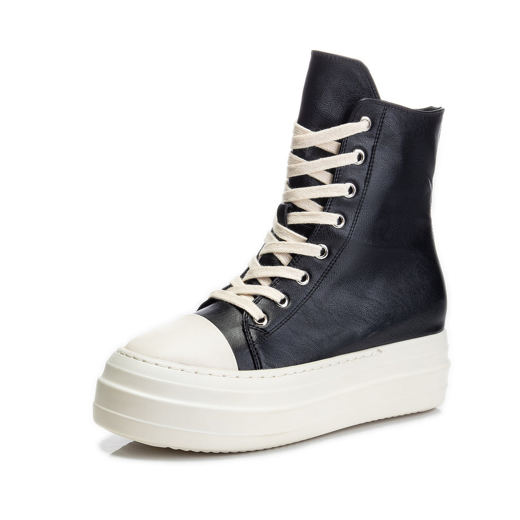 Platform High Top Side Zip Canvas Sneakers Black leather